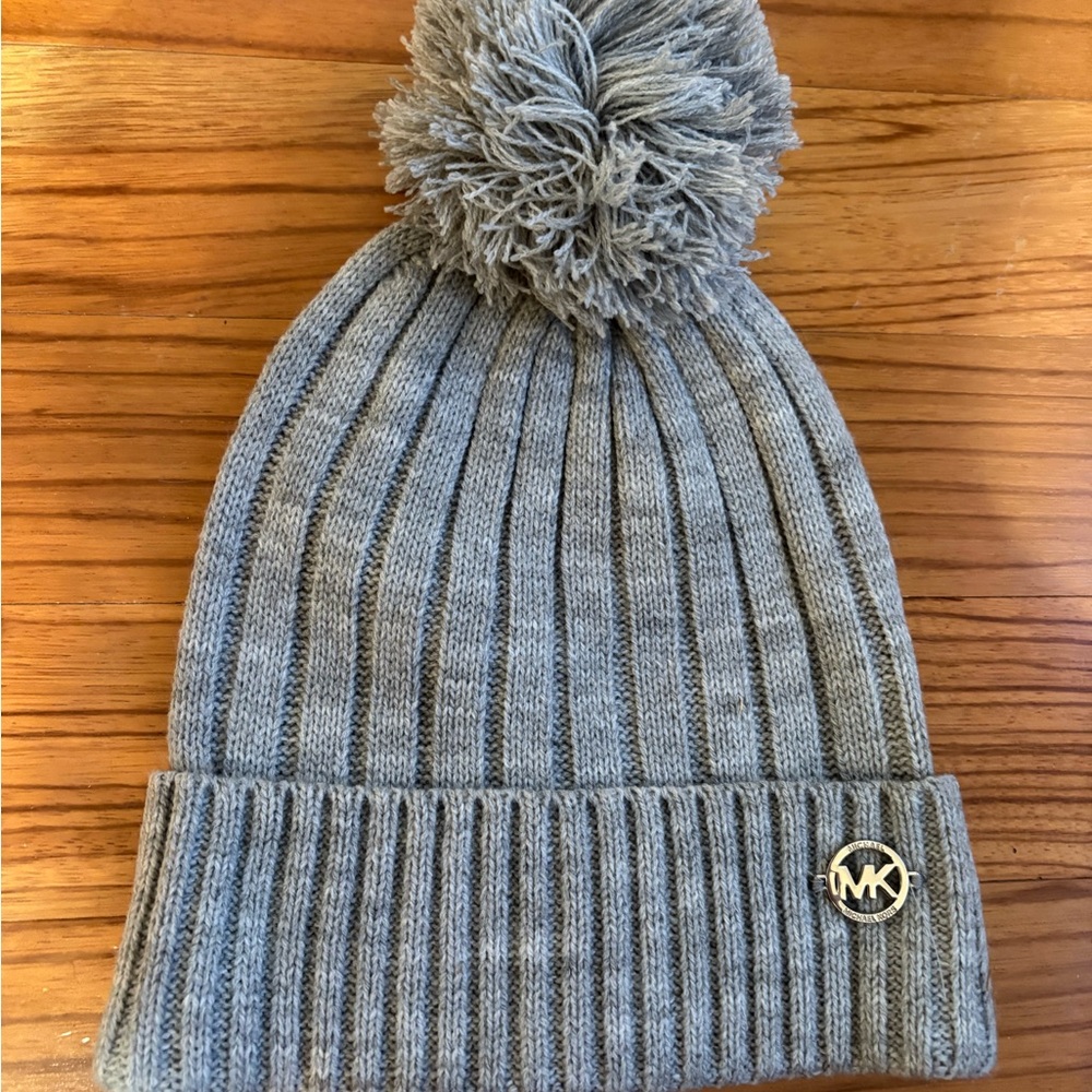 Michael Kors Gray Knit Beanie with Pom-Pom
